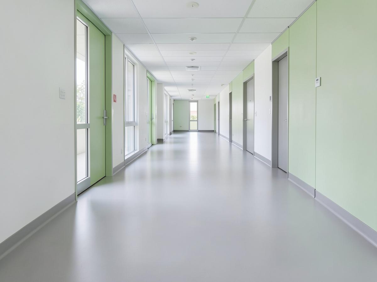 Corredor hospitalar com piso vinílico contínuo