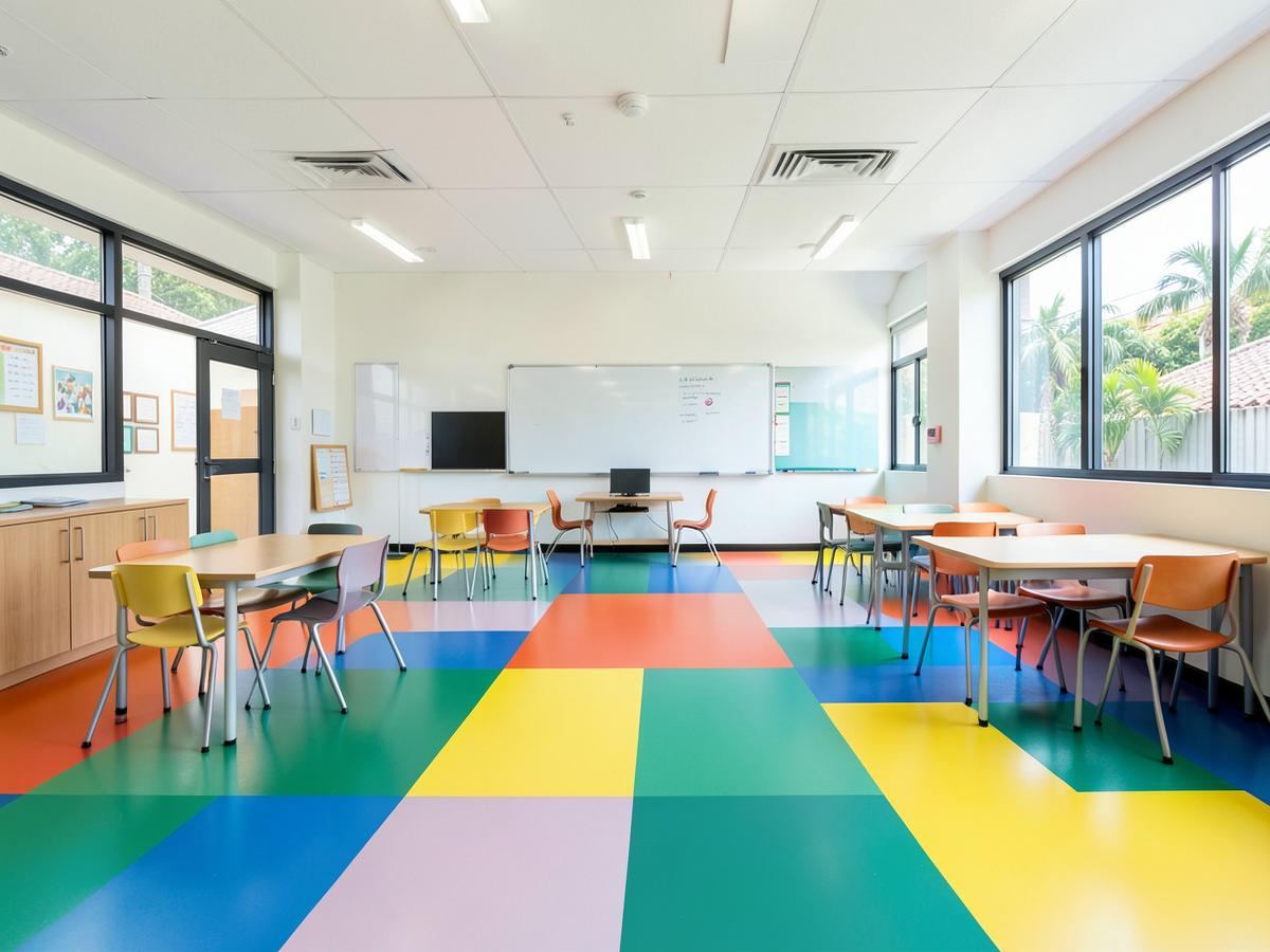 Sala de aula moderna com piso vinílico colorido