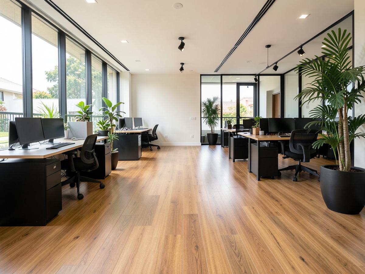 Escritório contemporâneo com piso vinílico amadeirado