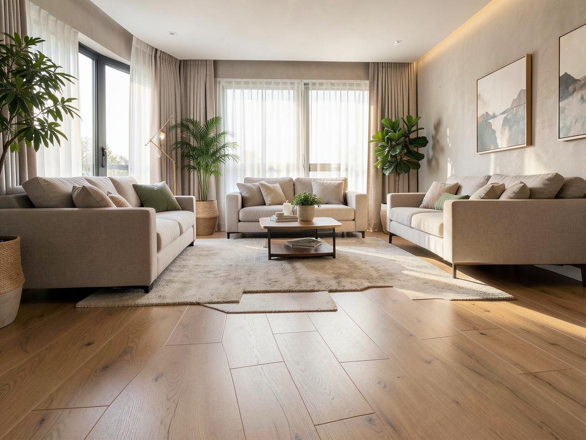 Sala de estar com piso vinílico amadeirado